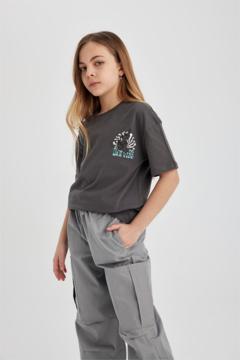 Kız Çocuk - Genç Kız Antrasit Kız Çocuk Disney Mickey & Minnie Oversize Geniş Kalıp Bisiklet Yaka Kısa Kollu Tişört