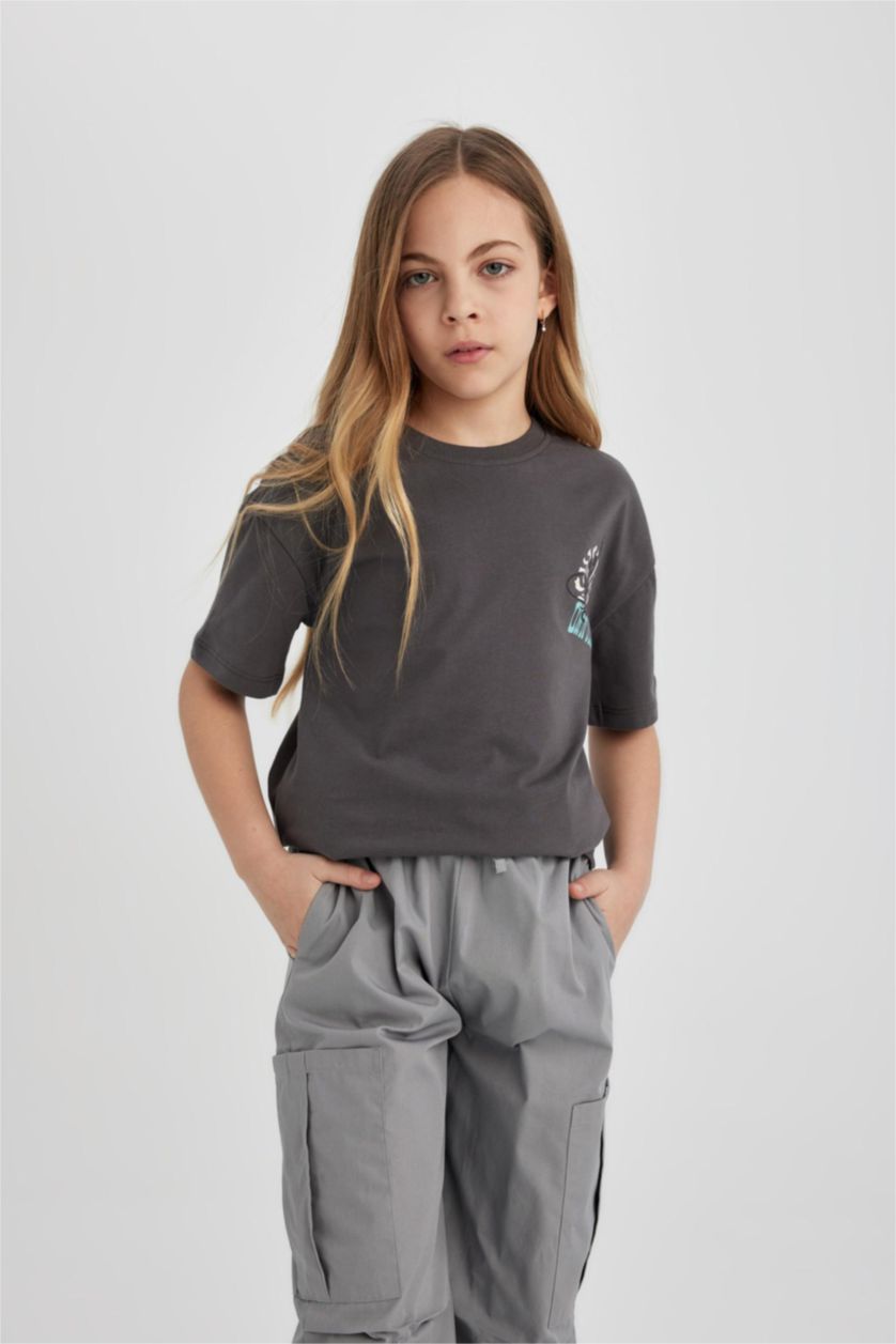 Kız Çocuk - Genç Kız Antrasit Kız Çocuk Disney Mickey & Minnie Oversize Geniş Kalıp Bisiklet Yaka Kısa Kollu Tişört