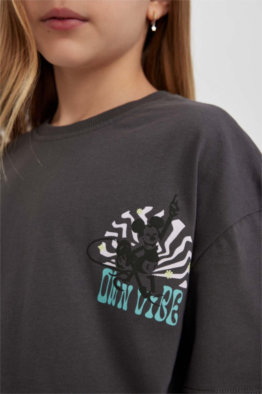 Kız Çocuk - Genç Kız Antrasit Kız Çocuk Disney Mickey & Minnie Oversize Geniş Kalıp Bisiklet Yaka Kısa Kollu Tişört