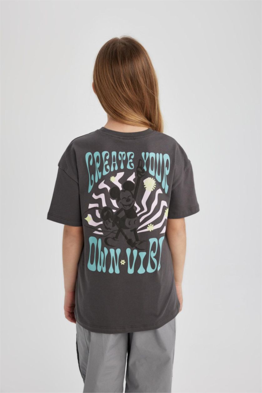 Kız Çocuk - Genç Kız Antrasit Kız Çocuk Disney Mickey & Minnie Oversize Geniş Kalıp Bisiklet Yaka Kısa Kollu Tişört