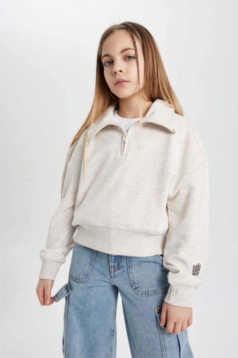 GIRLS & TEENS Beige Melange Girl Regular Fit Collar Sleeve Printed Sweatshirt