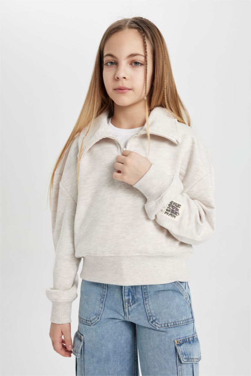 GIRLS & TEENS Beige Melange Girl Regular Fit Collar Sleeve Printed Sweatshirt