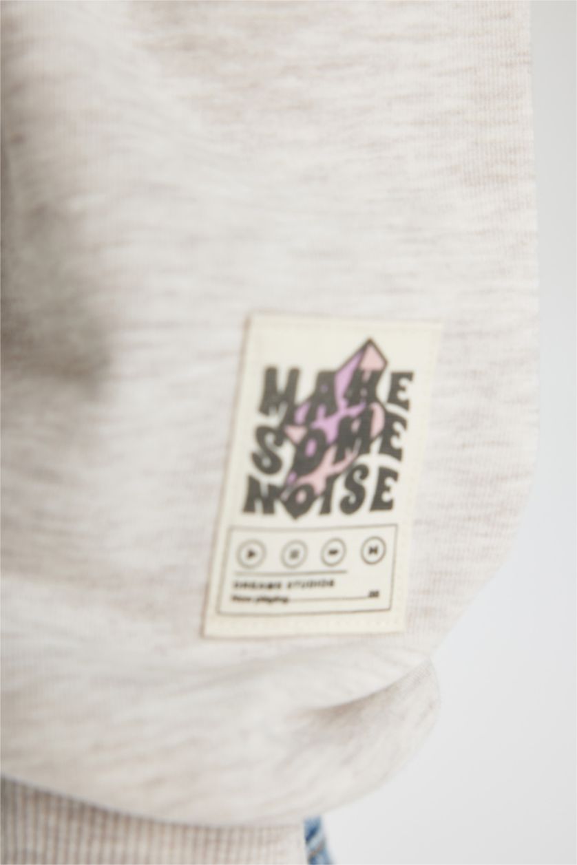 GIRLS & TEENS Beige Melange Girl Regular Fit Collar Sleeve Printed Sweatshirt