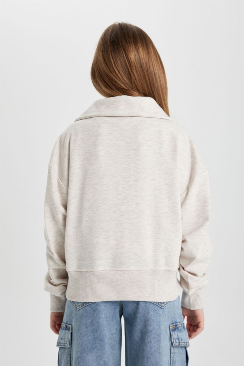 GIRLS & TEENS Beige Melange Girl Regular Fit Collar Sleeve Printed Sweatshirt