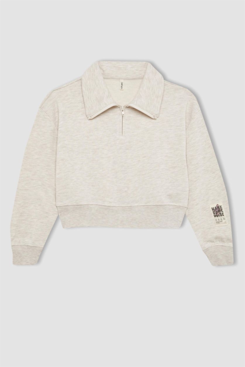 GIRLS & TEENS Beige Melange Girl Regular Fit Collar Sleeve Printed Sweatshirt