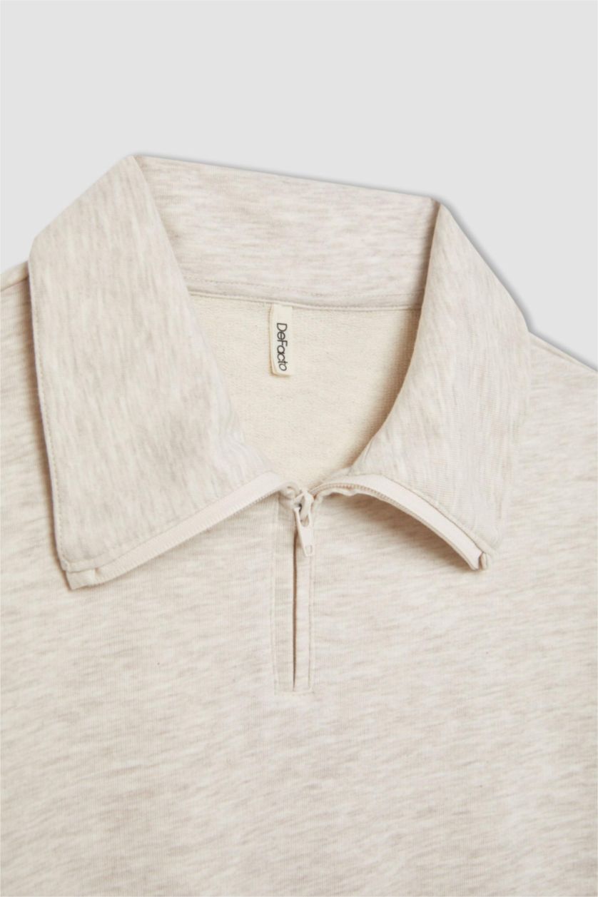 GIRLS & TEENS Beige Melange Girl Regular Fit Collar Sleeve Printed Sweatshirt