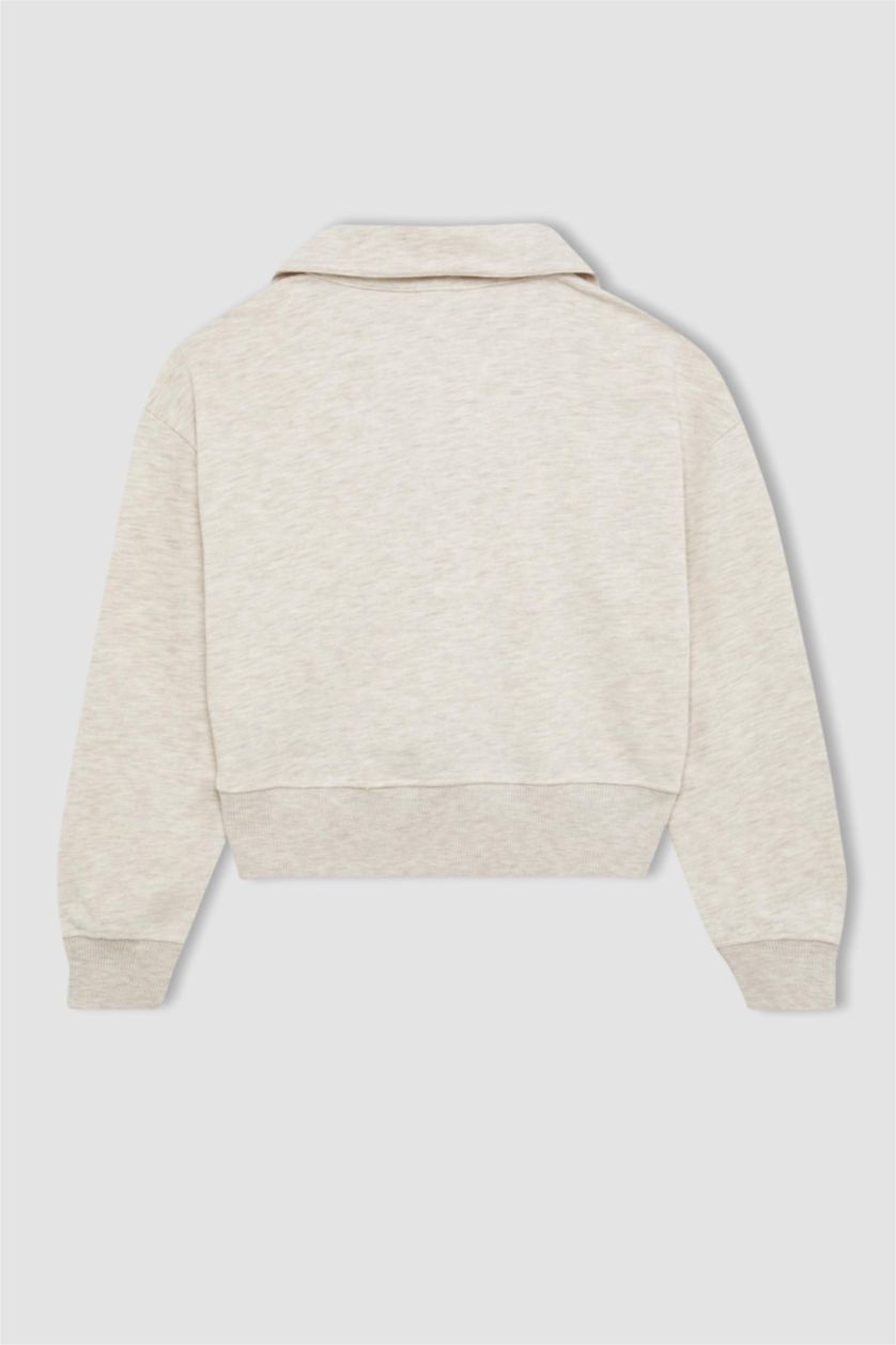 GIRLS & TEENS Beige Melange Girl Regular Fit Collar Sleeve Printed Sweatshirt