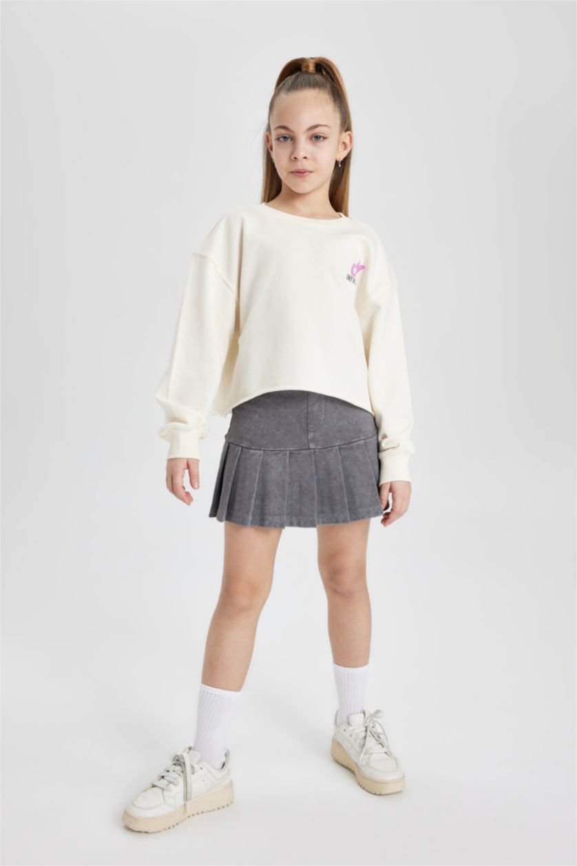 Kız Çocuk - Genç Kız Ekru Kız Çocuk Crop Sırt Baskılı Bisiklet Yaka Sweatshirt