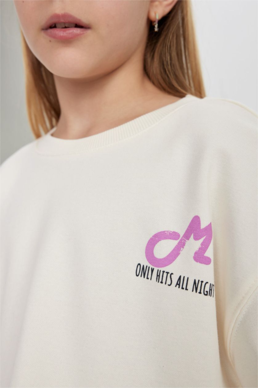 Kız Çocuk - Genç Kız Ekru Kız Çocuk Crop Sırt Baskılı Bisiklet Yaka Sweatshirt