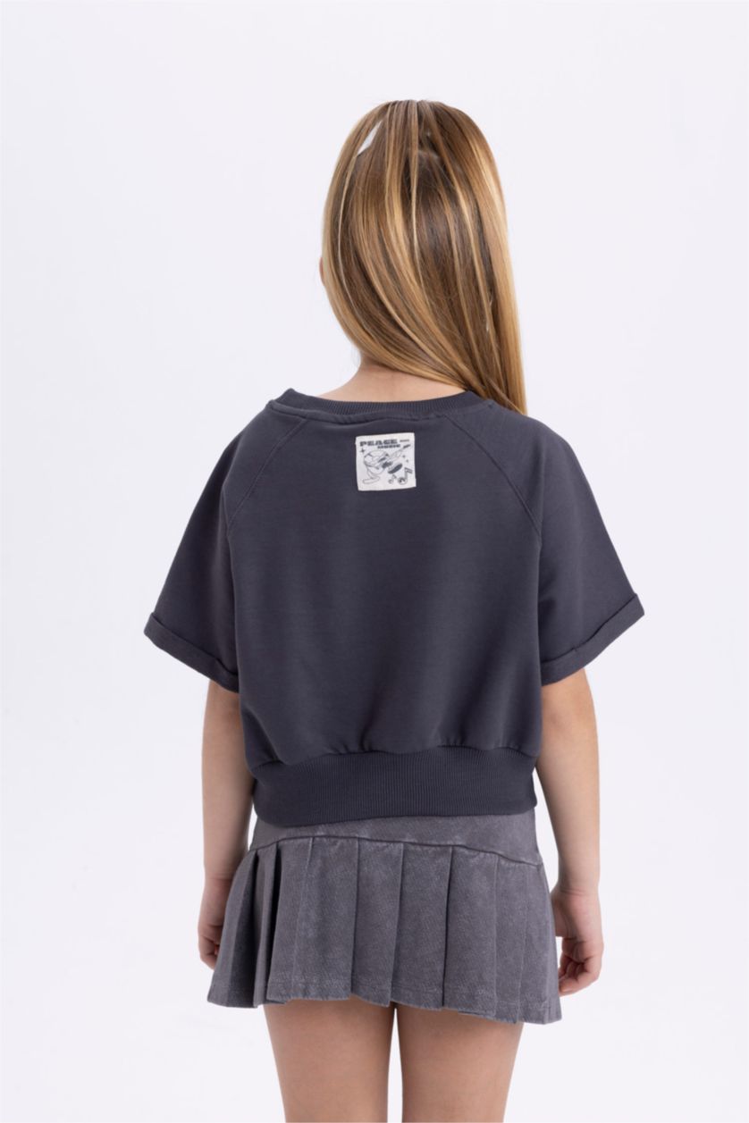 Kız Çocuk - Genç Kız Antrasit Kız Çocuk Bisiklet Yaka Sırt Baskılı Kısa Kollu Tişört