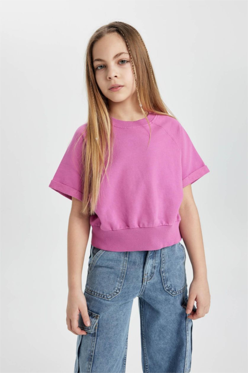 FILLES Rose T-shirt imprimé au dos à col rond et manches courtes pour fille