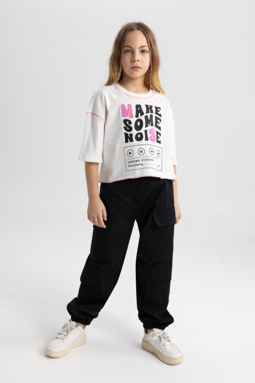 GIRLS & TEENS Ecru Girl Cotton Short Sleeve Crop T-Shirt