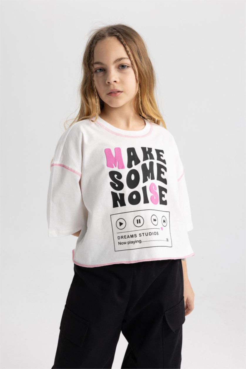 GIRLS & TEENS Ecru Girl Cotton Short Sleeve Crop T-Shirt