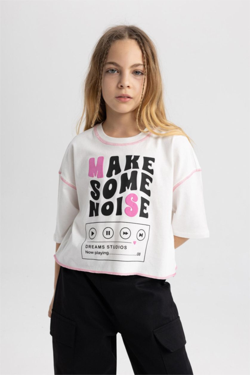 GIRLS & TEENS Ecru Girl Cotton Short Sleeve Crop T-Shirt