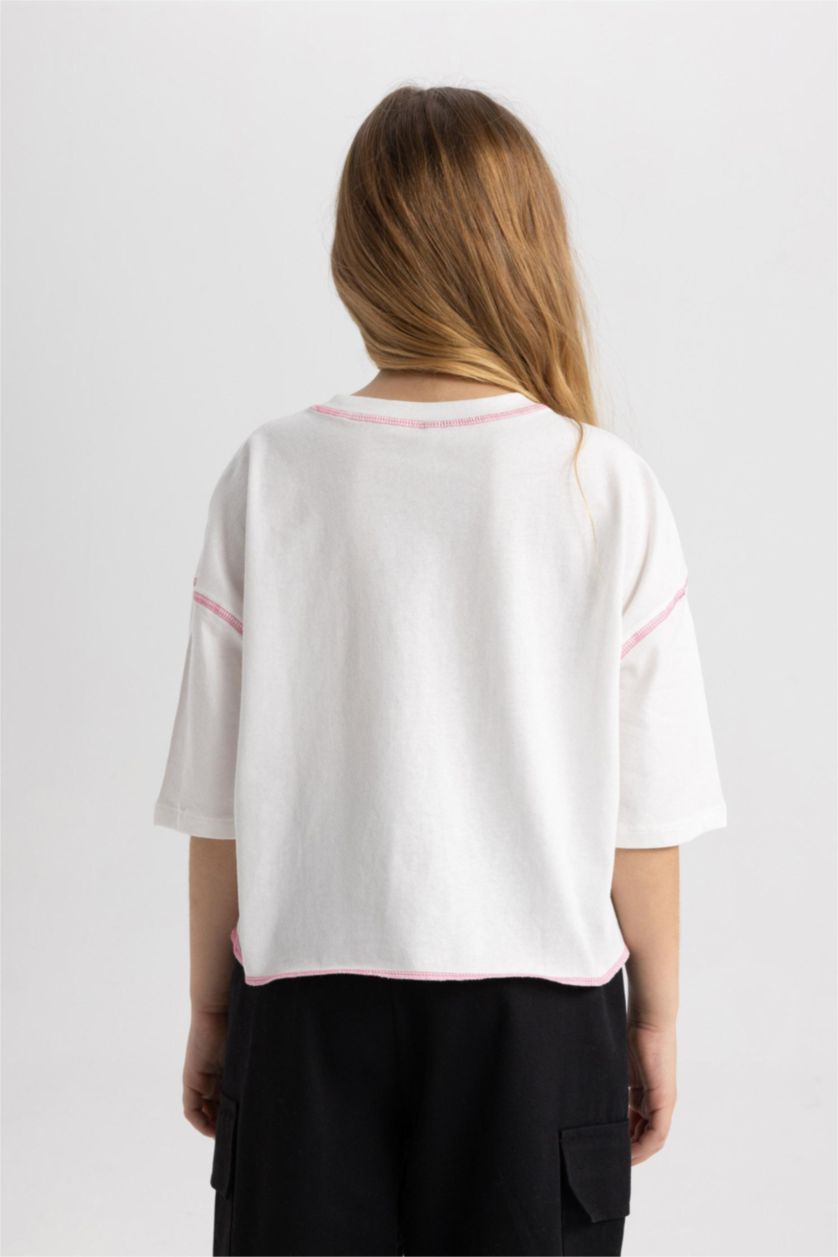 GIRLS & TEENS Ecru Girl Cotton Short Sleeve Crop T-Shirt