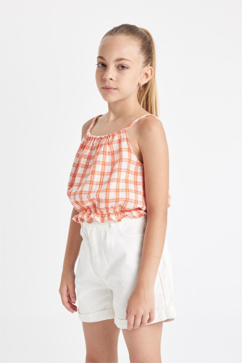 بنات برتقالي فاتح بلوزة كاروهات بناتي بحمالات