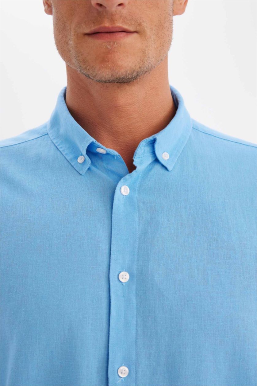 Erkek Mavi Relax Fit Polo Yaka Keten Karışımlı Pamuklu Uzun Kollu Gömlek