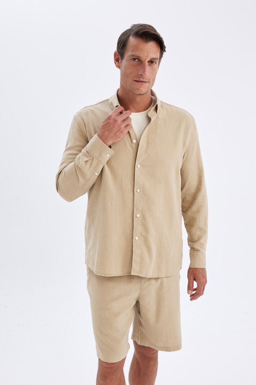 Erkek Bej Relax Fit Polo Yaka Keten Karışımlı Pamuklu Uzun Kollu Gömlek
