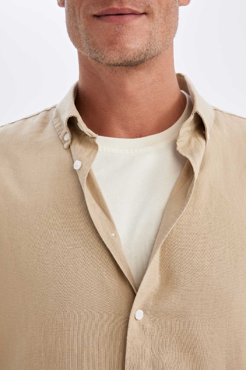 Erkek Bej Relax Fit Polo Yaka Keten Karışımlı Pamuklu Uzun Kollu Gömlek