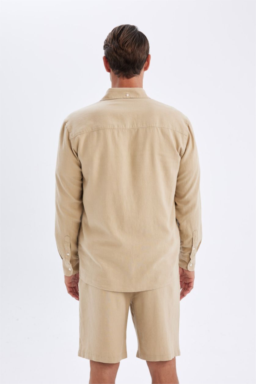 Erkek Bej Relax Fit Polo Yaka Keten Karışımlı Pamuklu Uzun Kollu Gömlek