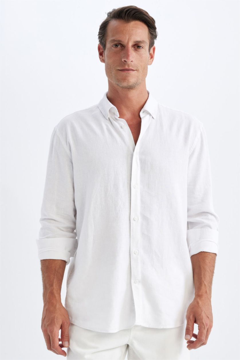 Man White Relax Fit Polo Collar Cotton Long Sleeve Shirt