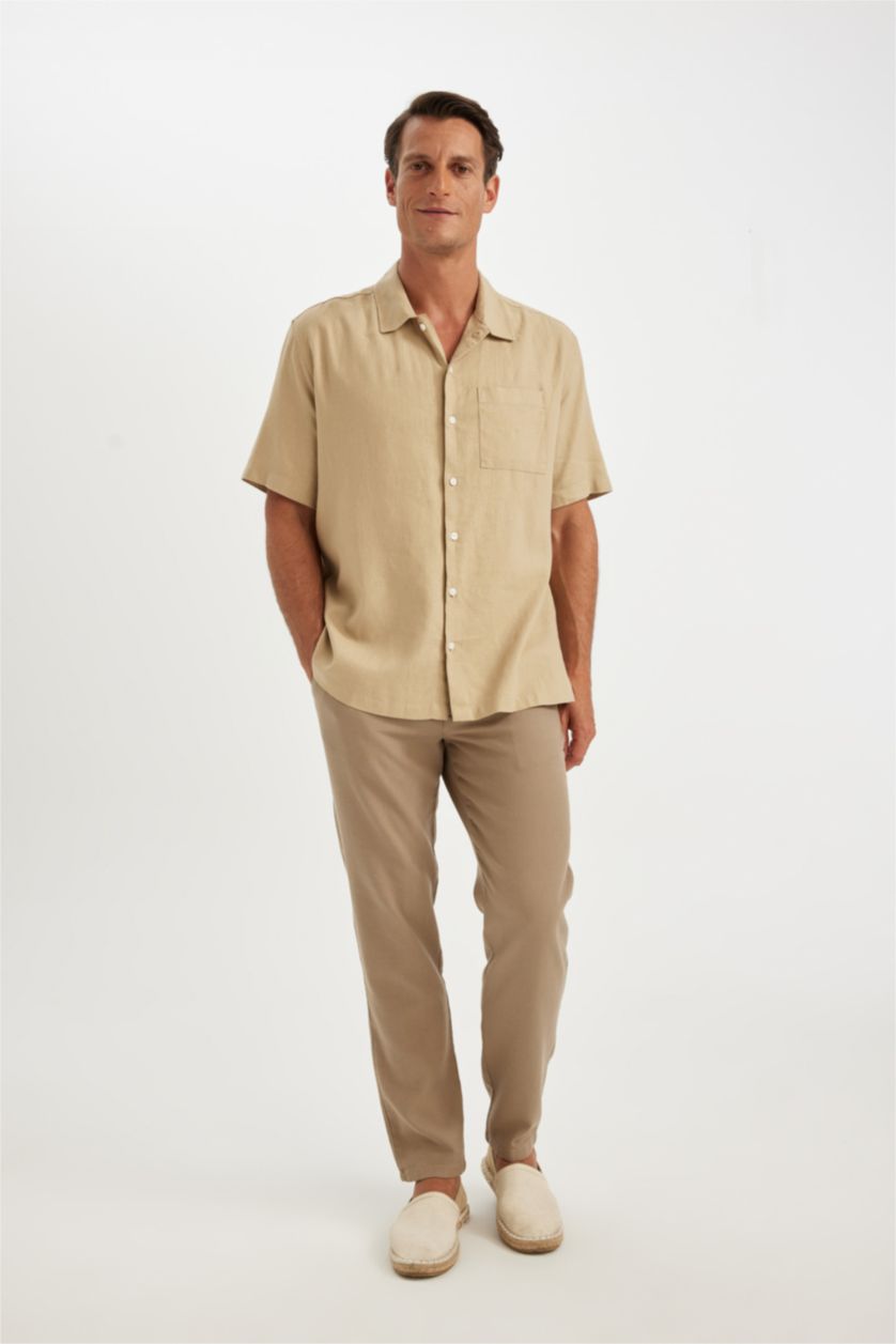 Erkek Bej Relax Fit Yazlık Polo Yaka Keten Karışımlı Kısa Kollu Gömlek