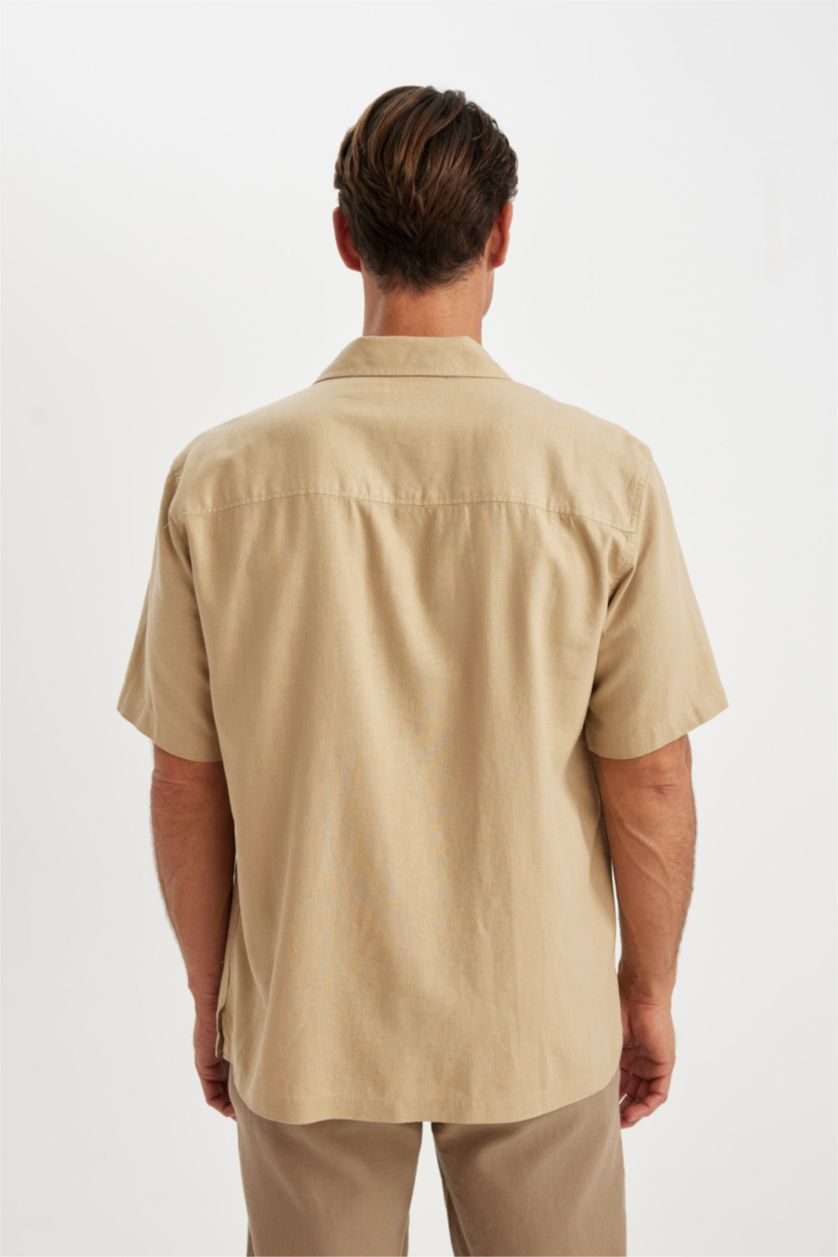 Erkek Bej Relax Fit Yazlık Polo Yaka Keten Karışımlı Kısa Kollu Gömlek