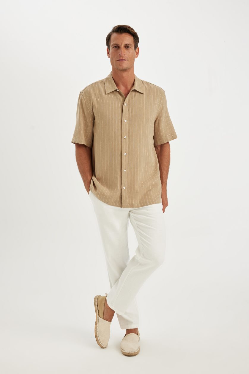 Man Beige Relax Fit Polo Neck Striped Linen Shirt