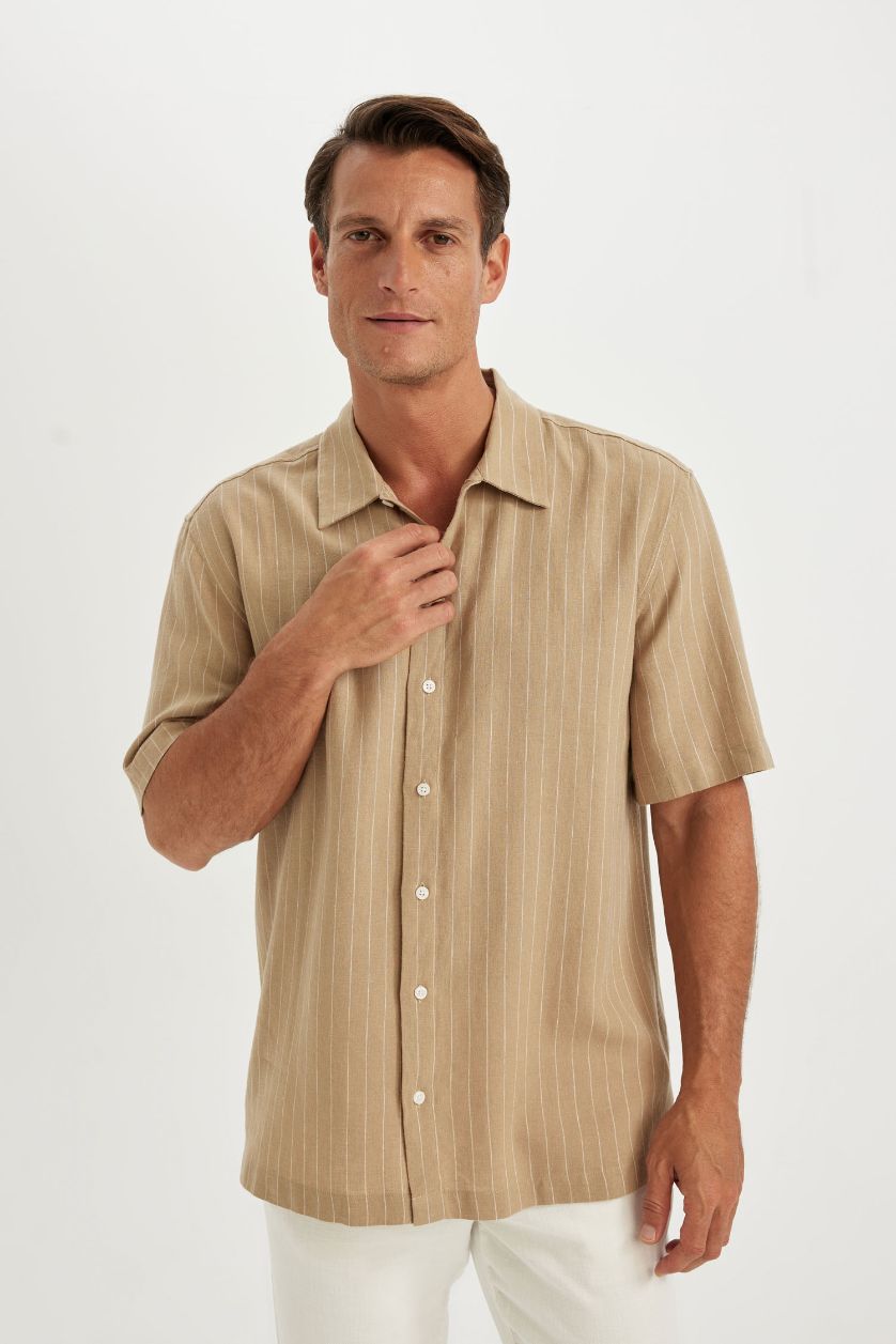Man Beige Relax Fit Polo Neck Striped Linen Shirt