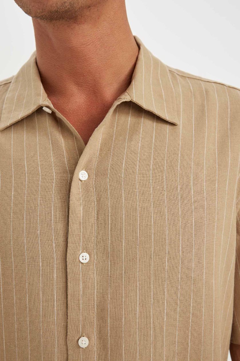 Man Beige Relax Fit Polo Neck Striped Linen Shirt