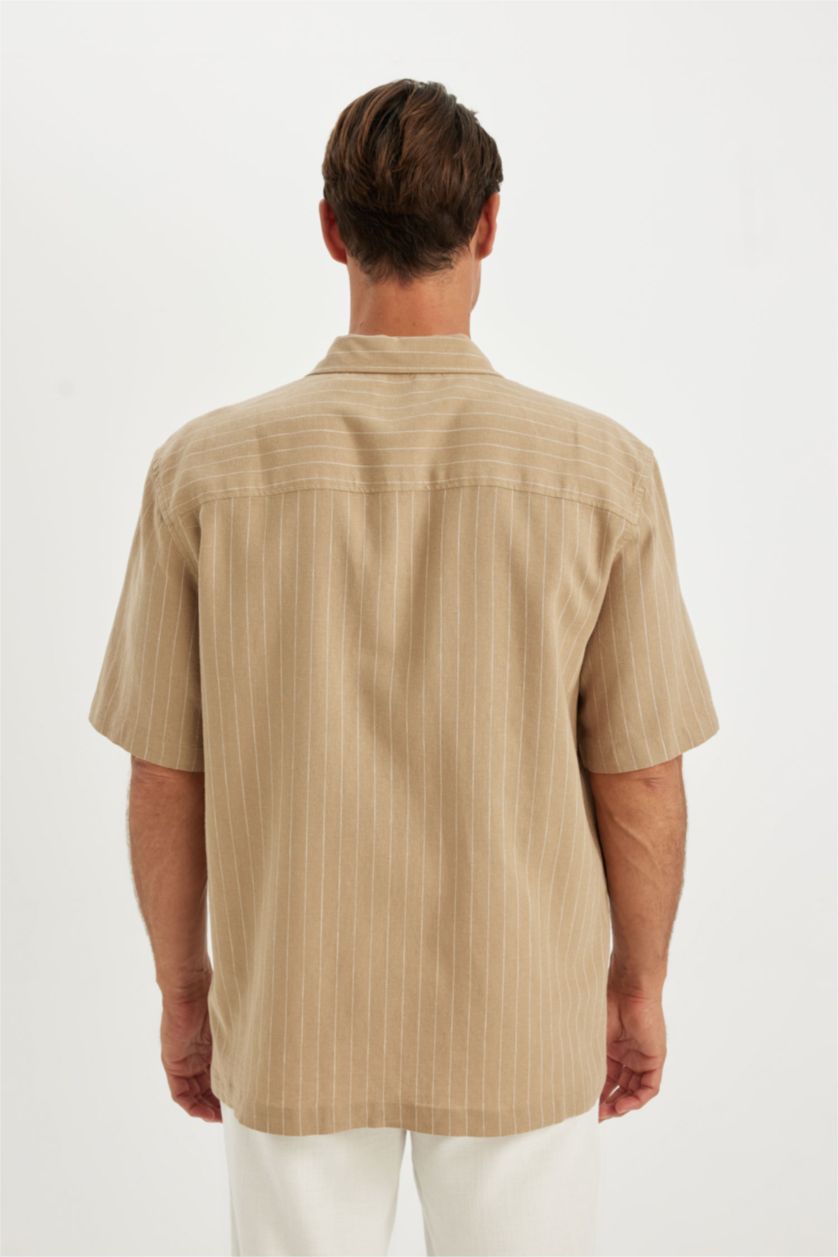 Man Beige Relax Fit Polo Neck Striped Linen Shirt
