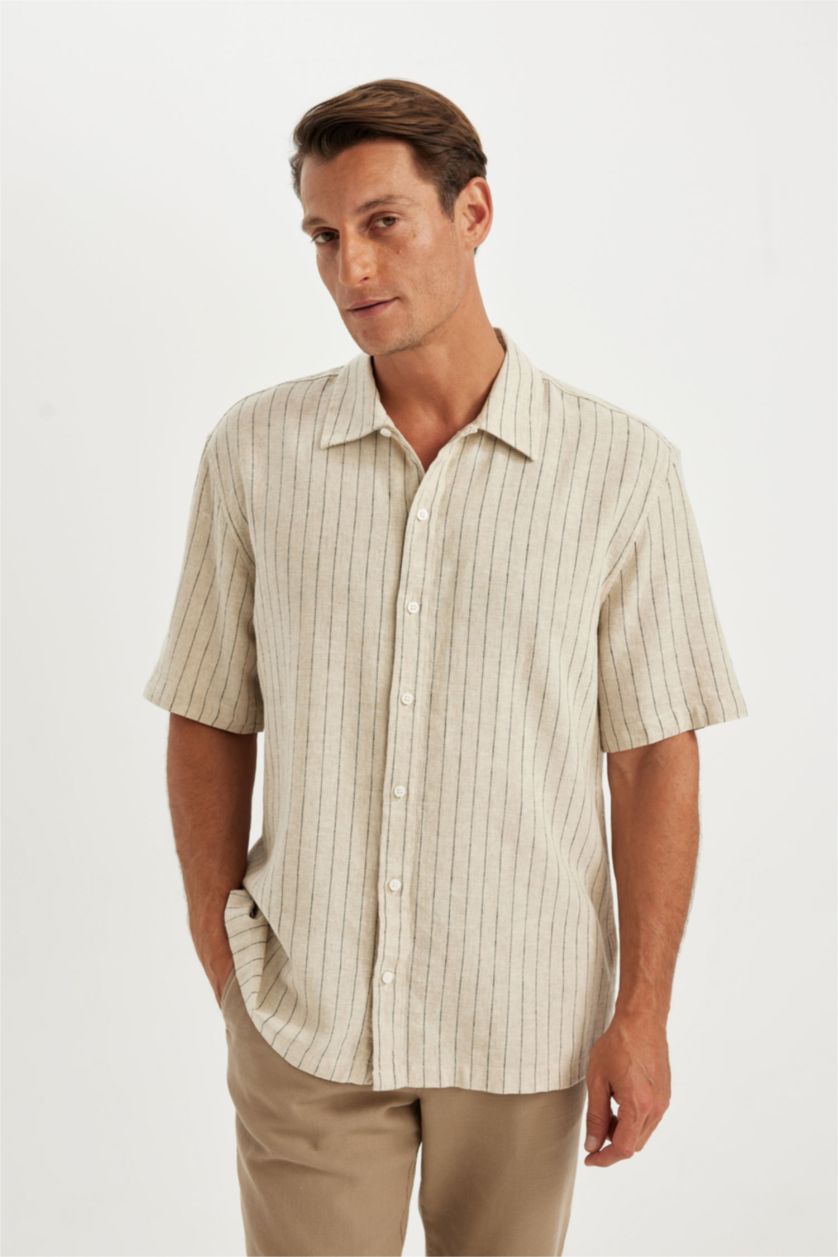 Man Doğal Açık Bej Relax Fit Polo Collar linen Striped Short Sleeve Shirt