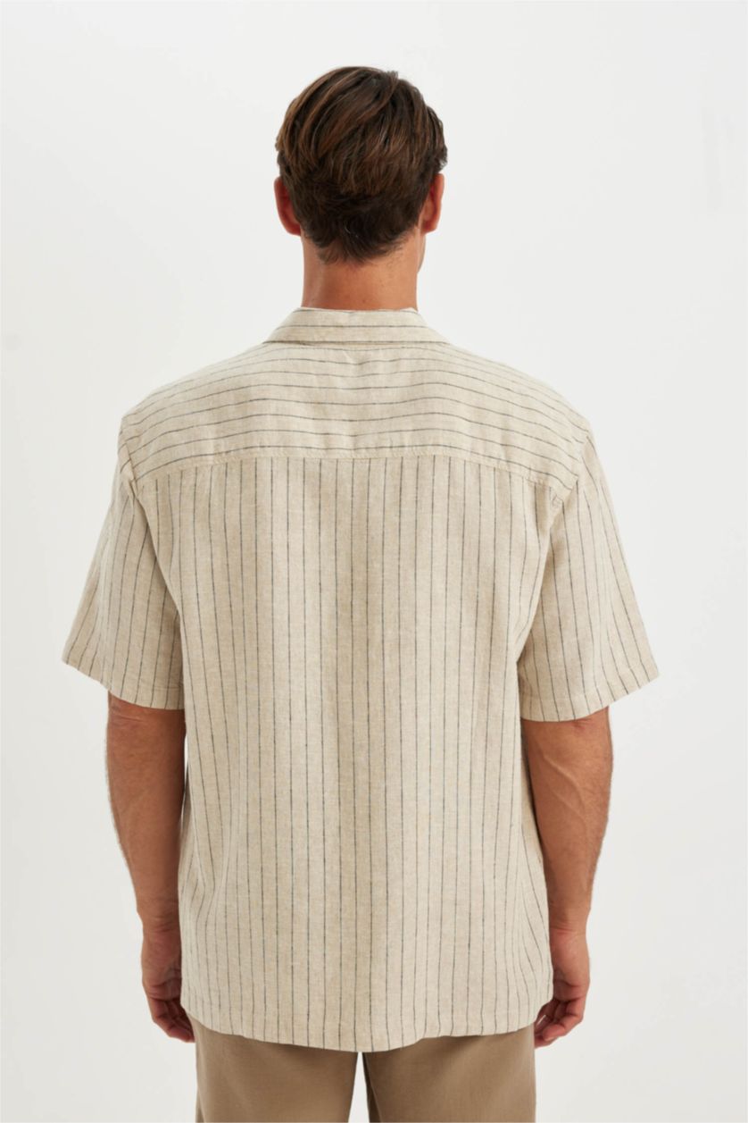 Man Doğal Açık Bej Relax Fit Polo Collar linen Striped Short Sleeve Shirt