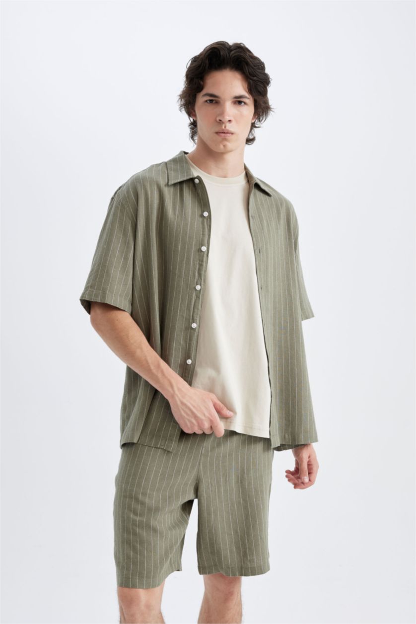 رجال كاكي قميص بولو كتان مخطط قصة مريحة