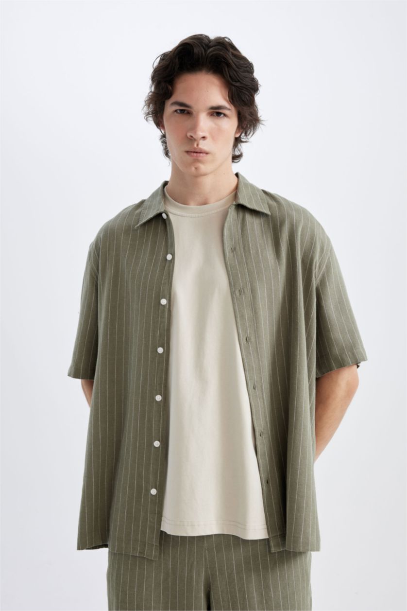 رجال كاكي قميص بولو كتان مخطط قصة مريحة