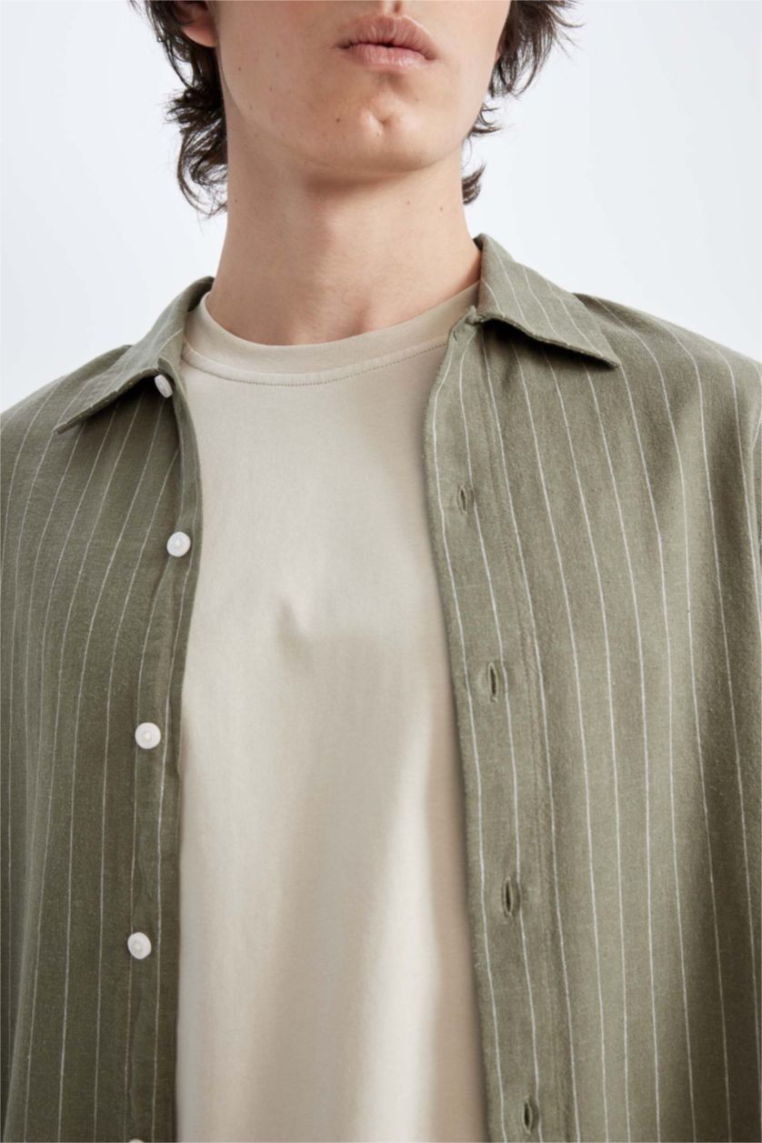 رجال كاكي قميص بولو كتان مخطط قصة مريحة