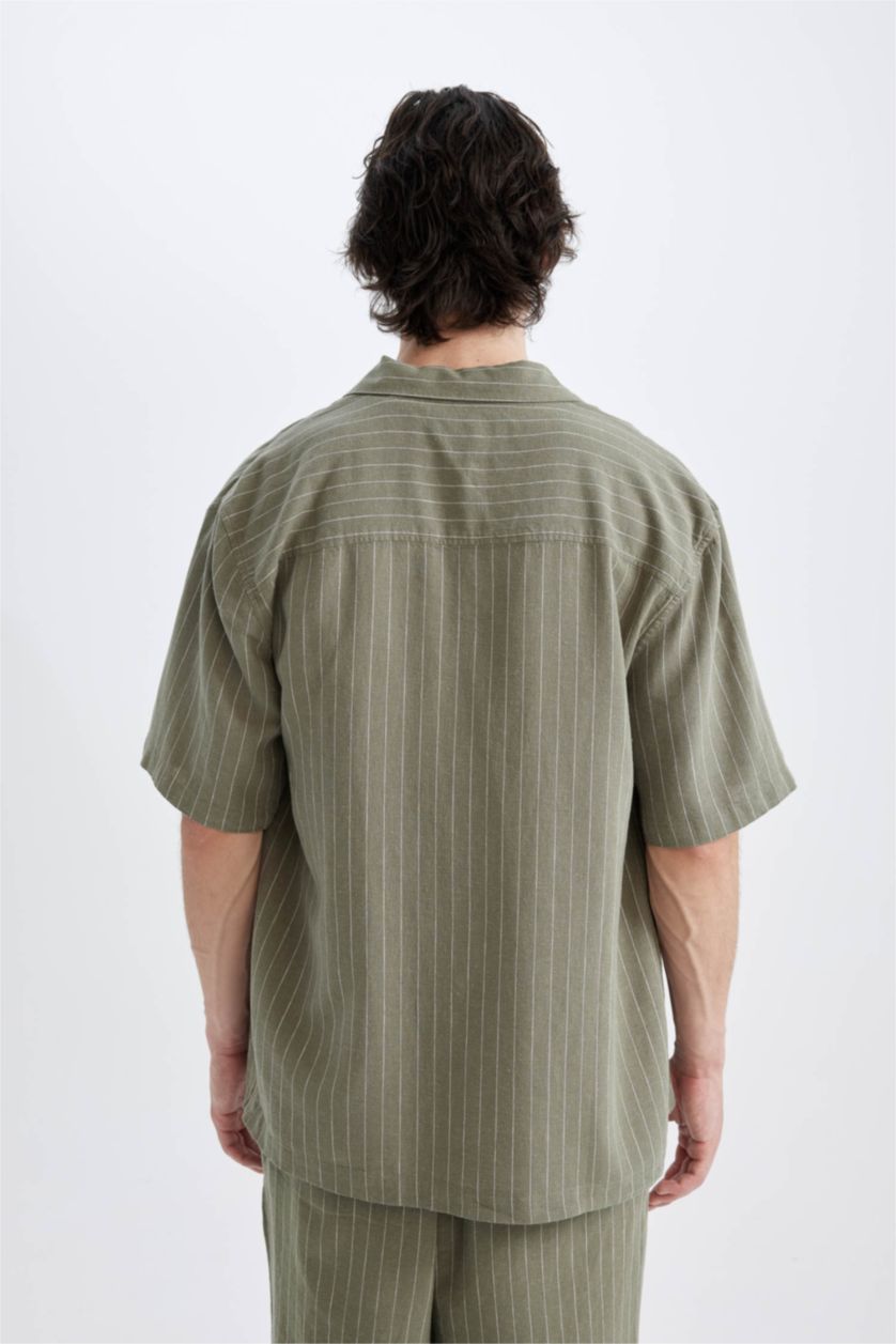 رجال كاكي قميص بولو كتان مخطط قصة مريحة