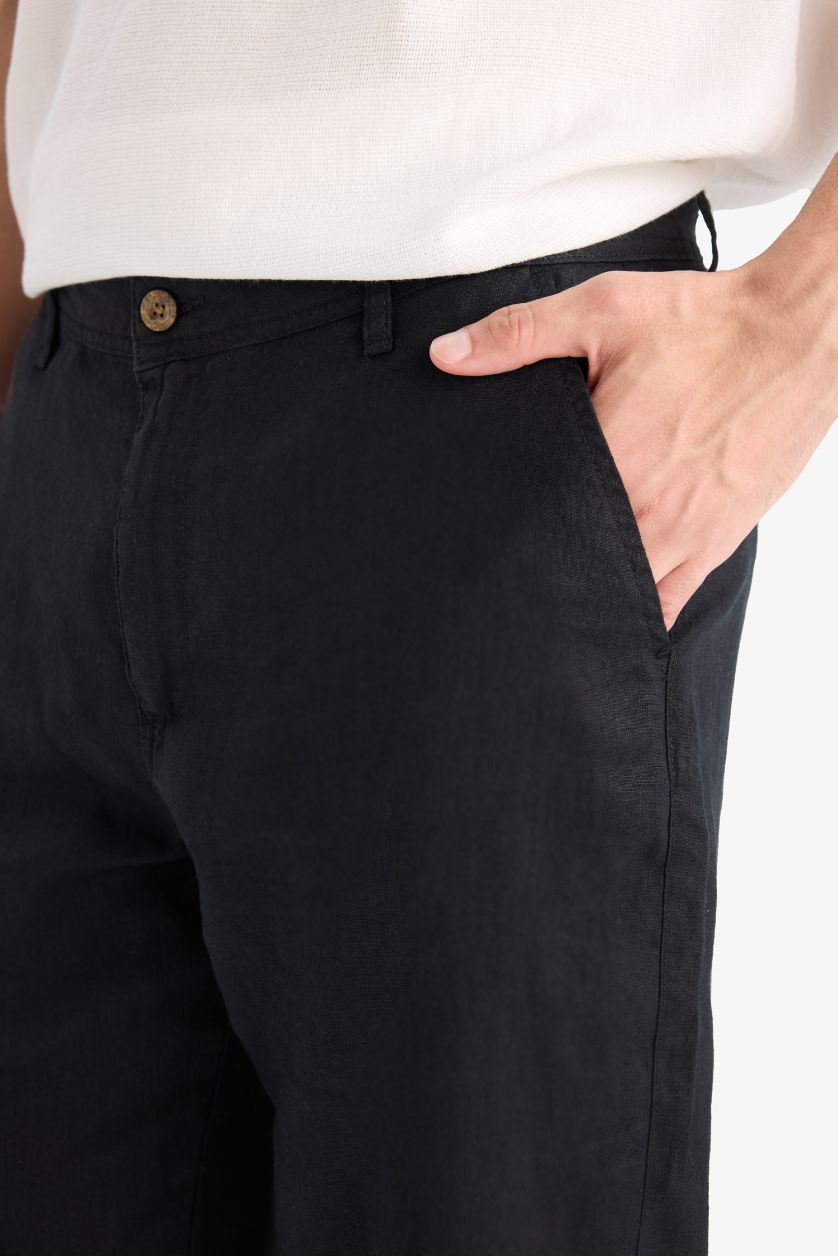 Erkek Siyah %100 Keten Relax Fit Rahat Kesim Düz Paça Yazlık Pantolon