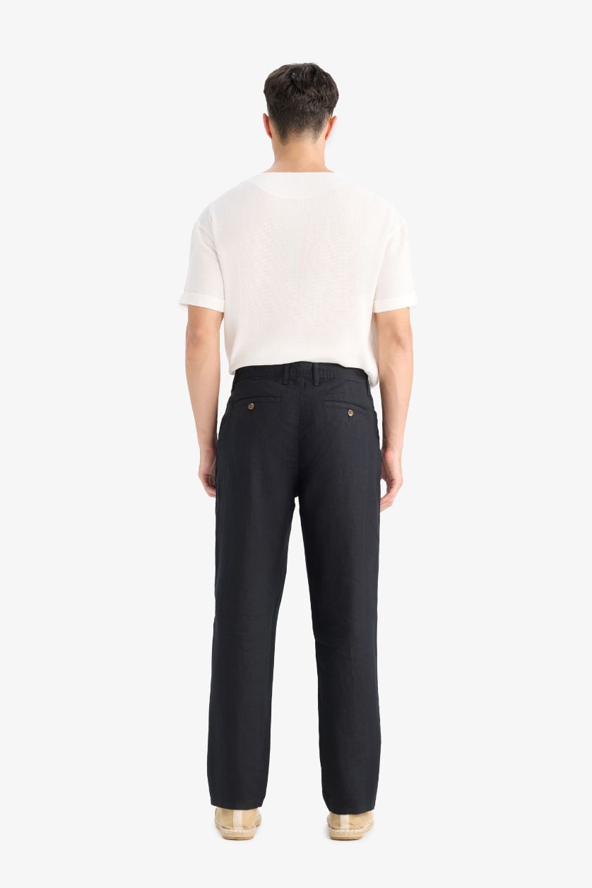 Erkek Siyah %100 Keten Relax Fit Rahat Kesim Düz Paça Yazlık Pantolon