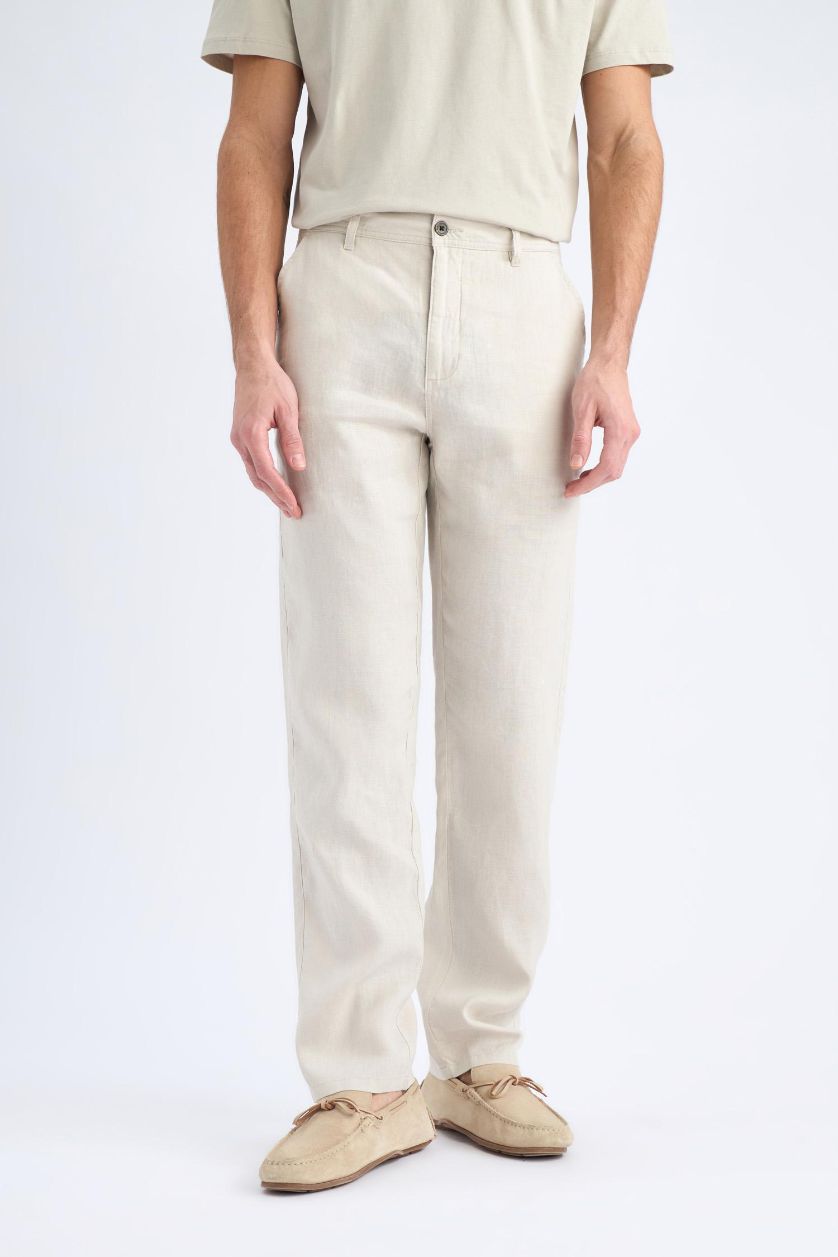 Erkek Açık Gri %100 Keten Relax Fit Rahat Kesim Düz Paça Yazlık Pantolon