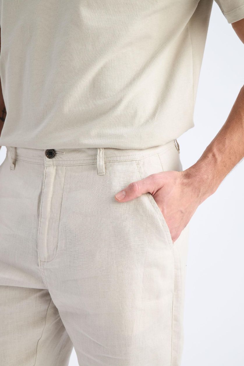 Erkek Açık Gri %100 Keten Relax Fit Rahat Kesim Düz Paça Yazlık Pantolon