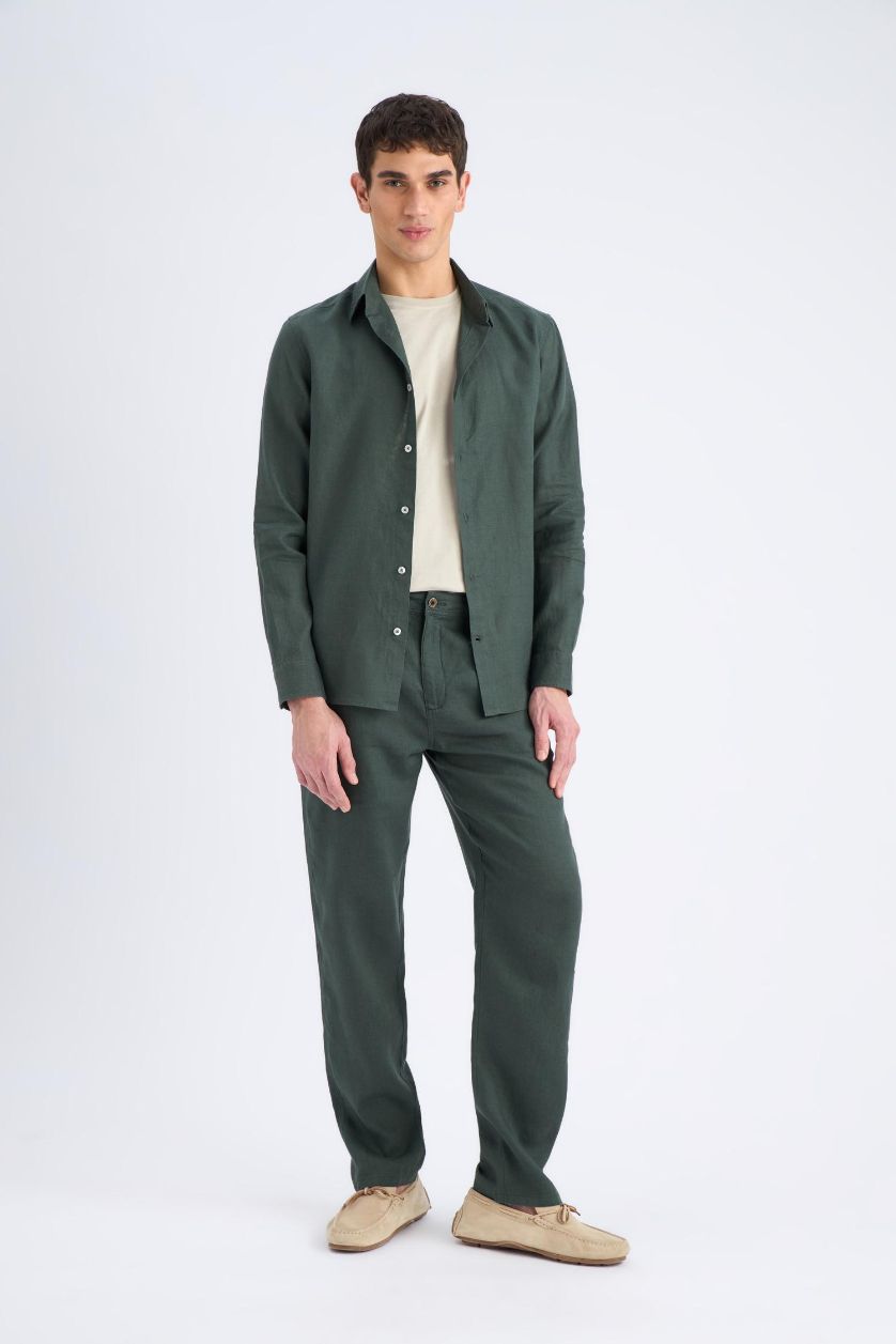 Man Dark Khaki Relax Fit Straight Leg Summer Linen Trousers