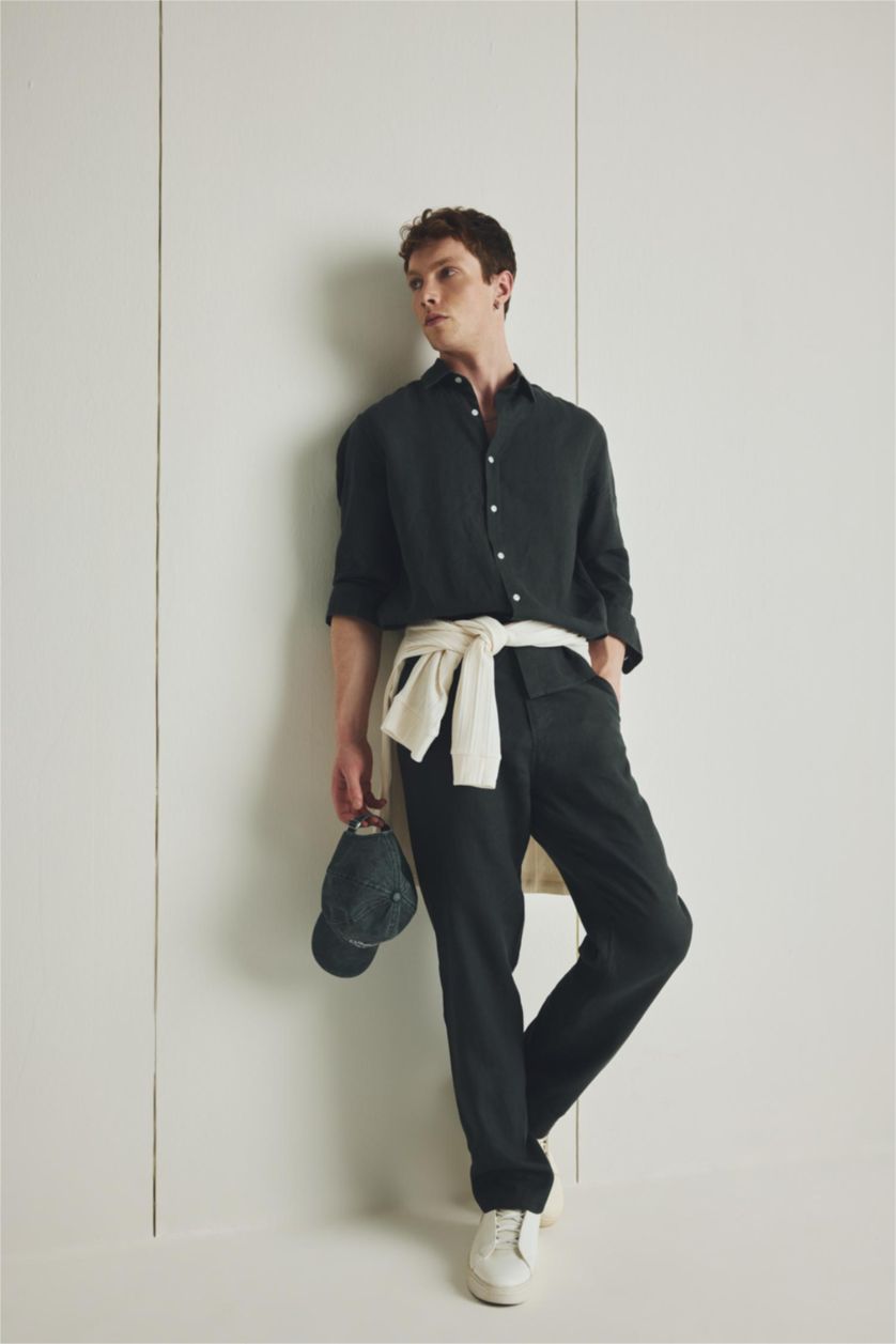 MAN Dark Khaki 100% Linen Relax Fit Straight Leg Trousers