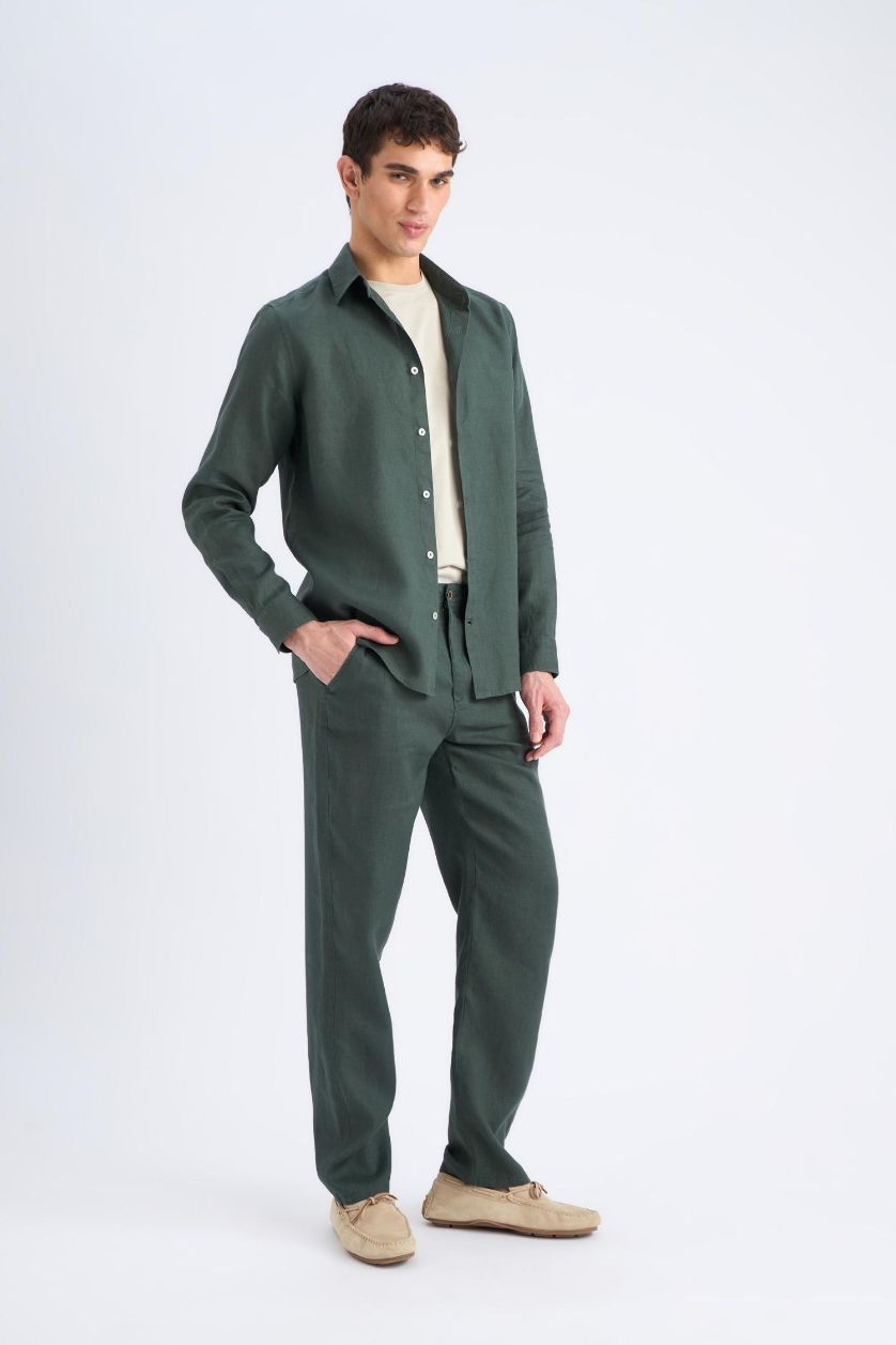 Man Dark Khaki Relax Fit Straight Leg Summer Linen Trousers