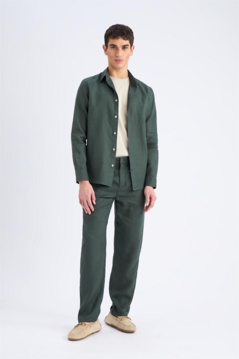 MAN Dark Khaki 100% Linen Relax Fit Straight Leg Trousers