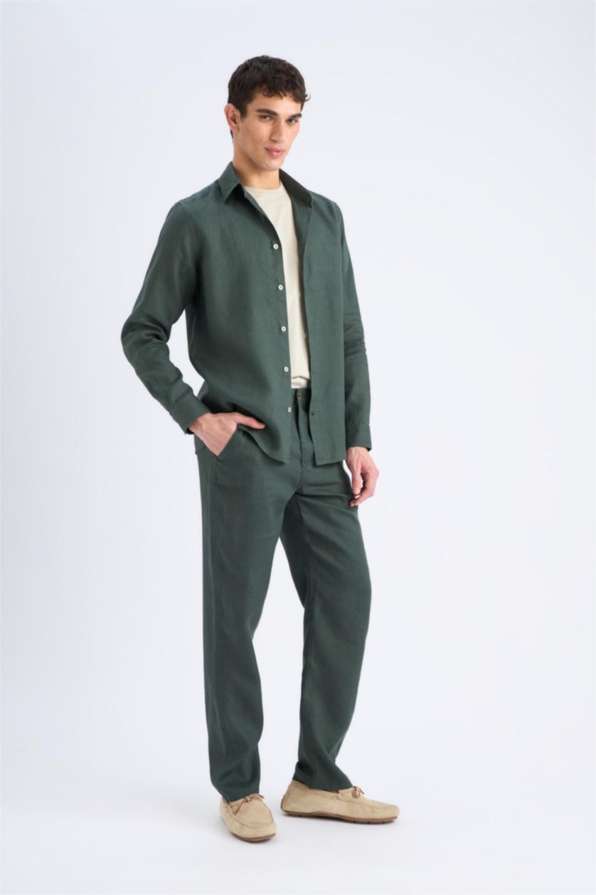 MAN Dark Khaki 100% Linen Relax Fit Straight Leg Trousers