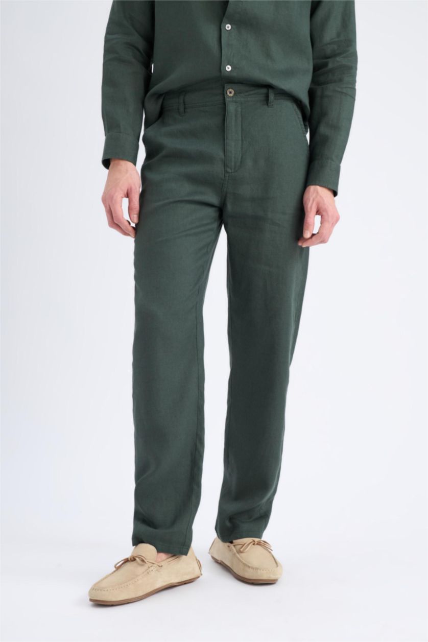 MAN Dark Khaki 100% Linen Relax Fit Straight Leg Trousers