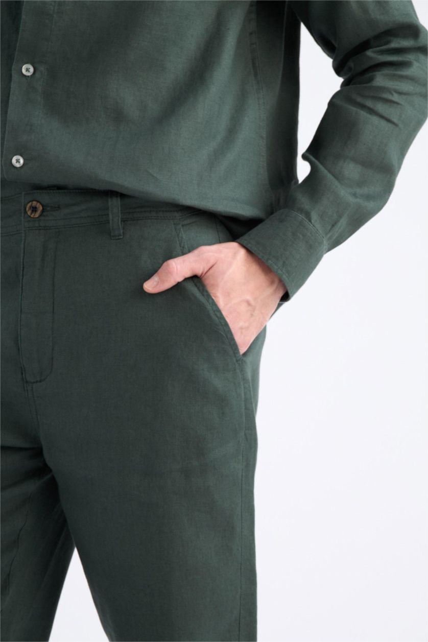 MAN Dark Khaki 100% Linen Relax Fit Straight Leg Trousers
