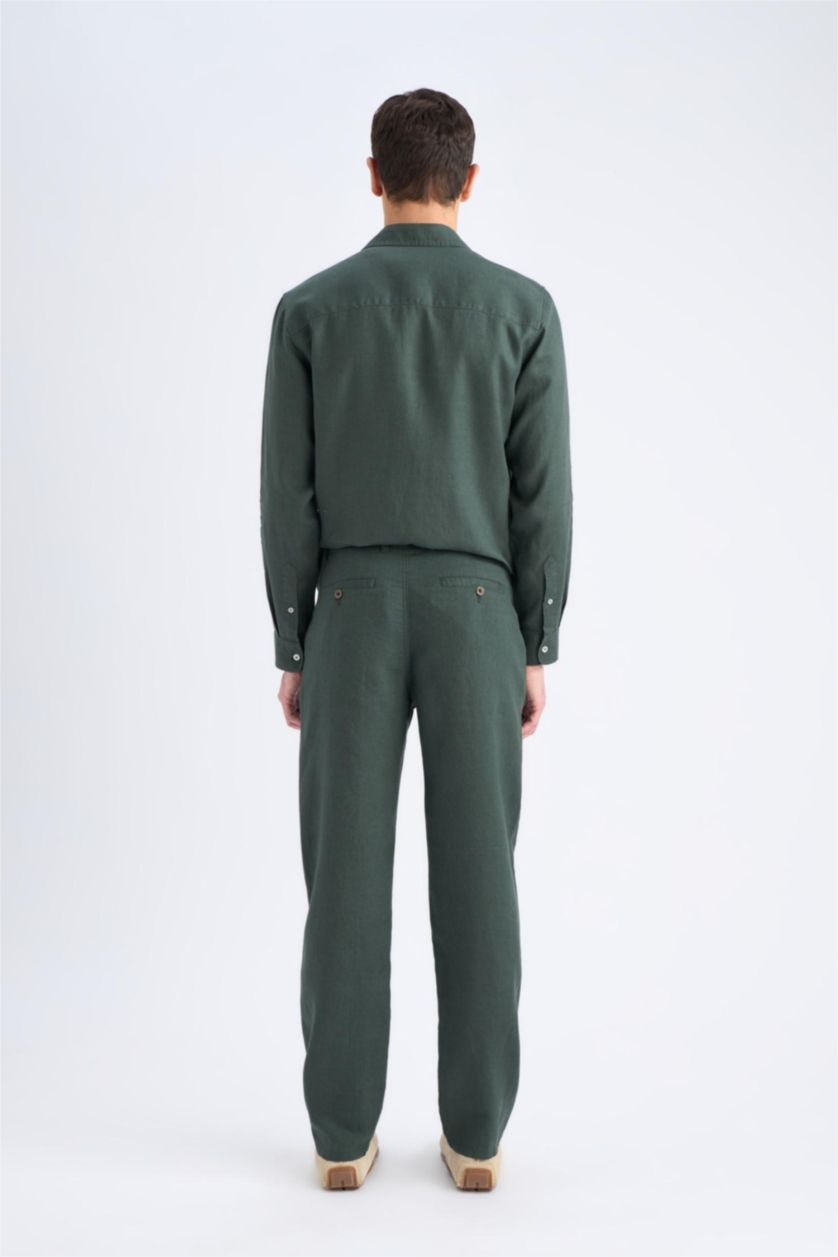 MAN Dark Khaki 100% Linen Relax Fit Straight Leg Trousers
