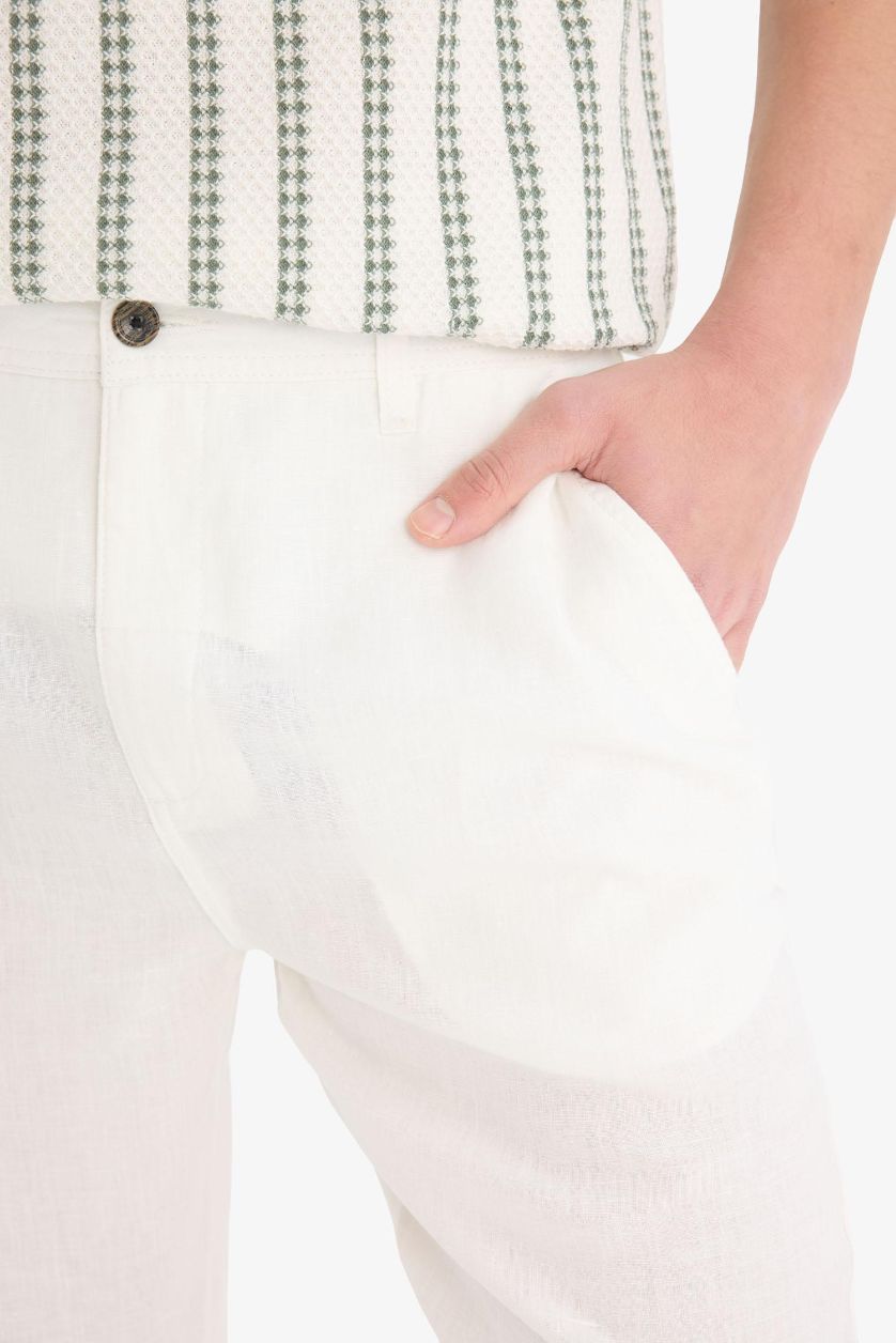 رجالي اوف وايت بنطلون صيفي 100% كتان قصة مريحة